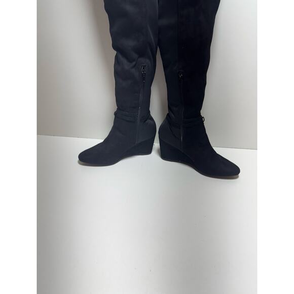 Bebe Women’s Hanan Sz9 M Black Knee High Boots Zip Up Wedge Heel Whimsy Goth - Picture 3 of 12